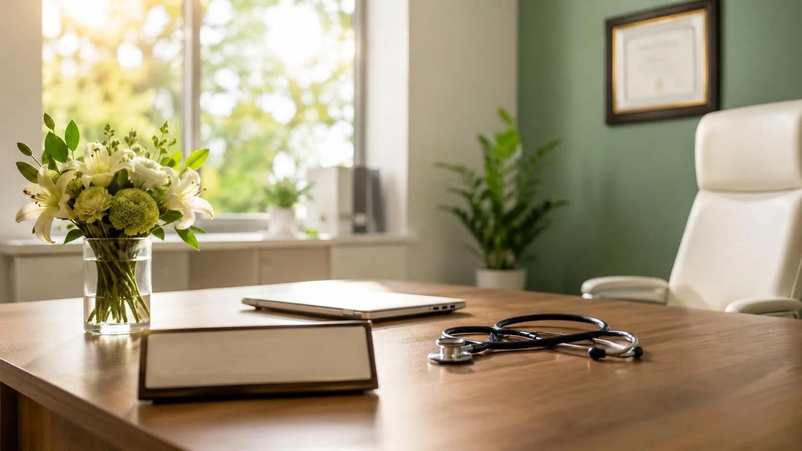 A sunlit consulting room with a stethoscope and a vase of flowers on the doctor's desk